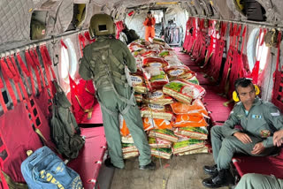 Indian Air Force on Sunday continued its relief efforts in flood-affected areas of Assam with the help of airlift rescue teams (choppers) and provided relief materials to the people