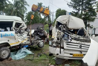 പാലക്കാട് വാഹനാപകടം  മുടപ്പല്ലൂർ അപകടം  ടൂറിസ്റ്റ് ബസും ട്രാവലറും കൂട്ടിയിടിച്ചു  പാലക്കാട് വാഹനാപകടം മരണം  വാഹനാപകടം വയോധിക ദമ്പതികള്‍ മരണം  palakkad road accident  bus collides with traveller in palakkad  van bus collision in palakakd