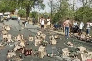 A liquor truck overturned