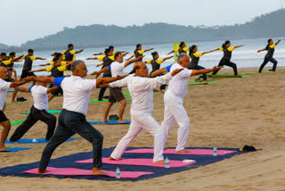 Defence Minister Rajnath Singh, who is on a two-day visit to Karnataka, participated in a yoga session with Indian Navy personnel at Karwar Naval Base