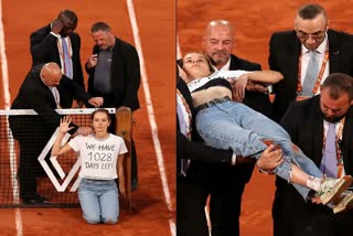 French Open match interrupted by environmental activist  french open 2022  ഫ്രഞ്ച് ഓപ്പൺ 2022  1028 ദിവസം ശേഷിക്കുന്നു  we have 1028 days left  Marin Cilic vs Casper Rude  RENCH OPEN PROTESTER TIES HERSELF TO NET