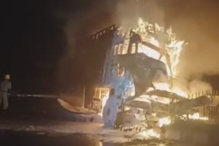 fire on lorry due to accident in tumkur