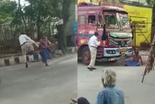 Traffic cop kicking drunk man  andhrapradesh news  മദ്യപനെ ചവിട്ടി വീഴ്ത്തി പൊലീസ് ഉദ്യോഗസ്ഥൻ  പൊലീസ് മർദനം  പൊലീസ് ഉദ്യോഗസ്ഥനെ സസ്പെൻഡ് ചെയ്‌തു