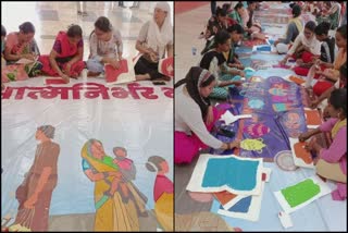 women made 100 feet long painting with a bindi