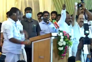 When party Coordinator O Panneerselvam was standing close to the podium, a water bottle landed behind his back from the audience. Reception for party Joint Coordinator Edappadi K Palaniswami (EPS) was honoured with a decorated crown, a sword and sceptre by supporters amid chants favouring him.