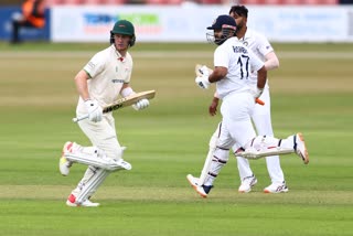 INDIA VS LEICESTERSHIRE  INDIA VS LEICESTERSHIRE WARM UP MATCH  INDIA WARM UP MATCH SCORE UPDATE  ലെസ്റ്റർഷെയറിനെതിരെ തിരിച്ചടിച്ച് ഇന്ത്യ  ലെസ്റ്റർഷെയറിനെതിരായ ഇന്ത്യയുടെ പരിശീലന മത്സരം  സംപൂജ്യനായി പൂജാര