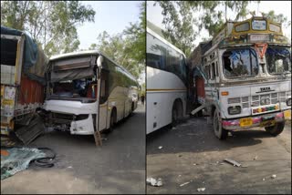 bus and truck collided in bilaspur