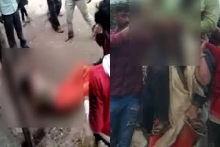 women trashed in Madhyapradesh  women forced to carry husband on shoulders  women forced to carry husband on shoulders for relationship for another man  women forced to wearing a garland of shoes  യുവതിയെ ചെരുപ്പ് മാല അണിയിച്ചു  യുവതിയെ ഭർത്താവിനെ തോളിലിരുത്തി ചെരുപ്പ് മാല അണിയിച്ച് നടത്തിച്ചു  വിവാഹേതര ബന്ധം ആരോപിച്ച് ആൾക്കൂട്ടം യുവതിയെ മർദിച്ചു  മധ്യപ്രദേശിലെ ദേവാസ് ജില്ലയിൽ യുവതിയെ മർദിച്ച് ആൾക്കൂട്ടം  യുവതിക്കെതിരെ വിവാഹേതര ബന്ധം ആരോപണം