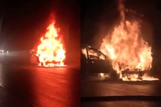 Pathanamthitta car caught fire  ഓടിക്കൊണ്ടിരുന്ന കാറിന് തീപിടിച്ചു  യാത്രക്കാർ രക്ഷപ്പെട്ടത് അത്ഭുതകരമായി  car caught fire at Punalur Muvattupuzha Highway  പത്തനംതിട്ട കാർ അപകടം  പുനലൂർ മൂവാറ്റുപുഴ കാർ കത്തി നശിച്ചു  വാഹനാപകടം