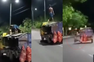 video viral  Boy dangerous stunts over speeding government vehicle  garbage cart dangerous stunt  ഓടുന്ന വാഹനത്തിന് മുകളിൽ യുവാവിന്‍റെ അഭ്യാസ പ്രകടനം  വാഹനത്തിന് മുകളിൽ പുഷ് അപ്പ്