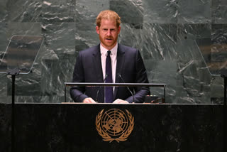 Prince Harry, Duke of Sussex, delivers the keynote address during the 2020 UN Nelson Mandela Prize award ceremony at the United Nations in New York on July 18, 2022. The Prize is being awarded to Marianna Vardinoyannis of Greece and Doctor Morissanda Kouyate of Guinea.