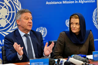 Markus Potzel, acting head of (UNAMA) United Nations Assistance Mission in Afghanistan (L), speaks next to Fiona Frazer, Chief Human right United Nations assistance Mission in Afghanistan during a press conference in Kabul on July 20, 2022. The United Nations on Wednesday said it had recorded hundreds of human rights violations carried out by the Taliban in Afghanistan, including extra judicial killings and cases of torture and cruel punishments.