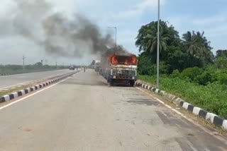 Parked lorry Catches Fire in mandasa at srikakulam district