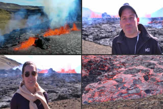 Scientists and curious onlookers admire the “incredible” eruption of a volcanic fissure in an uninhabited valley 40 kilometres to Iceland’s capital Raykjavik. The eruption happened on Wedneseday near the site of the Mount Fagradalsfjall volcano in southwestern Iceland that spewed magma for six months between March and September 2021. (AFP)