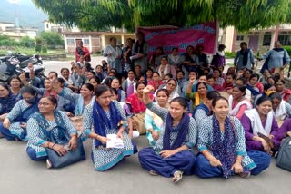 Anganwadi workers in Kotdwar tehsil premises