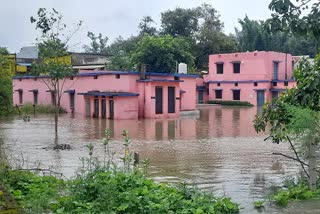 Children reaching school by boat due to water disaster in Bilaspur