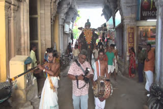 A scene of Kodipattam being taken in a procession on an elephant in Thiruchendur temple