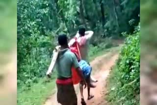 villagers carry sick woman half km  in kadaba