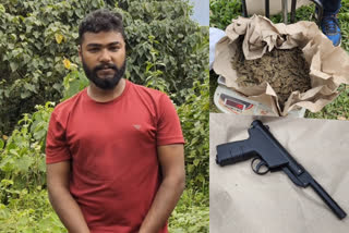 youth held with ganja  youth held with ganja and pistol  youth held with ganja and pistol in idukki  idukki ganja arrest  ganja seized in idukki  pistol seized in idukki  ഇടുക്കി ജില്ല വാര്‍ത്തകള്‍  തൊടുപുഴ കഞ്ചാവ് പിടികൂടി  കഞ്ചാവും എയർ പിസ്റ്റളുമായി യുവാവ് പിടിയില്‍  ഇടുക്കി കഞ്ചാവ് അറസ്റ്റ്  ഇടുക്കി പിസ്റ്റള്‍ പിടികൂടി  എയർ പിസ്റ്റളുമായി യുവാവ് പിടിയില്‍  കഞ്ചാവ്  മുട്ടം അരുവിക്കുത്ത്