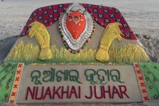 sand artist sudarsan wishes nuakhai at puri sea beach