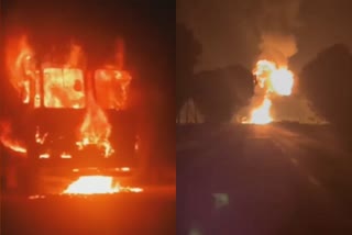 More than 100 gas cylinders exploded in the lorry  ഗ്യാസ് സിലിണ്ടറുമായെത്തിയ ലോറിക്ക് തീപിടിച്ചു  വന്‍ ദുരന്തം  100 സിലിണ്ടറുകള്‍ പൊട്ടിത്തെറിച്ചു  ഗ്യാസ് സിലിണ്ടര്‍  ലോറി  അമരാവതി വാര്‍ത്തകള്‍  അനന്തപൂർ  ദേശീയ പാതട  ദേശീയ വാര്‍ത്തകള്‍  National news  National news updates  latest news updates