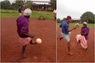 football shoot  70 year old man make a goal  onam programmes kasargod  ring shootout  ring shootout viral video  റിംഗ് ഷൂട്ട്‌ ഔട്ടിൽ എഴുപതുകാരന്‍റെ മാസ്‌മരിക ഗോൾ  എഴുപതുകാരന്‍റെ മാസ്‌മരിക ഗോൾ  എഴുപതുകാരന്‍റെ ഗോൾ  റിംഗ് ഷൂട്ട്‌ ഔട്ടിൽ ഗോളടിച്ച് വയോധികൻ  കാസർകോട് കരാട്ട് ഓണപ്പരിപാടി  ഓണാഘോഷം കാസർകോട് ഗോൾ  ഫുട്ബോൾ കളിച്ച് വൃദ്ധൻ  ഗോളടിച്ച് വൃദ്ധൻ  കൈക്കളേട്ടന്‍റെ ഗോൾ  കാസർകോട് കൈക്കളേട്ടൻ  കാരാട്ട് ചലഞ്ചേഴ്‌സ്  കാസർകോട് കരാട്ട്