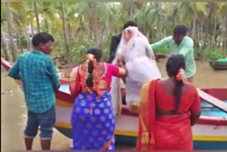 As road to groom's home village in Andhra Pradesh's Konaseema district was submerged, the newly wed took a boat ride for 5 km.