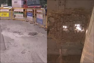 Sumanahalli flyover caved  Barricades use in Sumanahalli flyover caved  Sumanahalli flyover issue  ಸುಮನಹಳ್ಳಿ ಫ್ಲೈಓವರ್ ಬಿರುಕು  ಸ್ಥಳಕ್ಕೆ ಪಾಲಿಕೆ ಅಧಿಕಾರಿಗಳ ಭೇಟಿ  ಬಿರುಕು ಬಿಟ್ಟ ಸ್ಥಳಕ್ಕೆ ಇಂದು ಪಾಲಿಕೆ ಅಧಿಕಾರಿಗಳು ಭೇಟಿ  ಕಾಂಕ್ರೀಟ್ ಹಾಗೂ ಸ್ಲ್ಯಾಬ್ ಸಡಿಲಿಕೆ