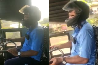 popular front hartal  PFI hartal in kerala  stone pelting ksrtc  ksrtc driver wears helmet while driving  കെഎസ്ആർടിസി ബസുകൾക്ക് നേരെ അക്രമം  പോപ്പുലർ ഫ്രണ്ട് ഹർത്താൽ  പിഎഫ്ഐ ഹർത്താൽ  ഹെൽമറ്റ് ധരിച്ച് ബസ് ഓടിച്ച് കെഎസ്ആർടിസി ഡ്രൈവർ  കെഎസ്ആർടിസി ഡ്രൈവർ  കെഎസ്ആർടിസി ഡ്രൈവർ ഹെൽമറ്റ്  പോപ്പുലർ ഫ്രണ്ട് പ്രവർത്തകർ