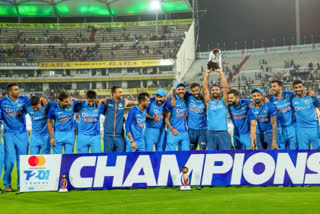 Team India With Winning Trophy Against Australia