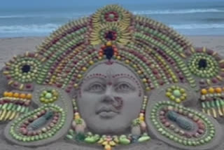 Sand artist Sudarshan Pattnaik creates sand sculpture of Goddess Durga