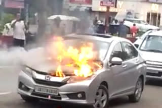Honda City car catches fire in Haridwar