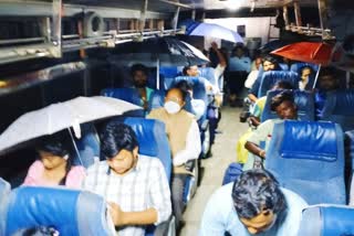 The misery of buses in AP Passengers in trouble  buses in AP  rtc buses in ap  RTC bus from Visakha to Salur  ആർടിസി ബസ് ആന്ധാപ്രദേശ്  ആർടിസി ബസിൽ ചോർച്ച  ആർടിസി ബസ് ചക്രം പൊട്ടത്തെറിച്ചു  ആർടിസി എംഡിയുടെ പ്രതികരണം  അൾട്രാ ഡീലക്‌സ് ആർടിസി ബസ്  ആർടിസി എംഡി ദ്വാരകാതിരുമല റാവു  ആർടിസി ബസ് സർവീസ്  ആർടിസി ബസ് യാത്ര അനുഭവം  ആർടിസി ബസിന്‍റെ ചിൻചക്രങ്ങൾ പൊട്ടിത്തെറിച്ചു  സർക്കാർ ബസ് ദുരവസ്ഥ  പൊതു ഗതാഗതം ആന്ധ്രാപ്രദേശ്  ആർടിസി ബസ് വാർത്തകൾ  ആർടിസി ബസ്  ബസിനുള്ളിൽ കുട ചൂടി യാത്രക്കാർ