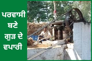 Migrant laborers trade jaggery on the roadside