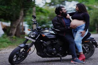 rakshita baby bump photo shoot by riding Harley davidson bike