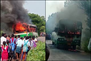 a bus traveling on the road caught fire