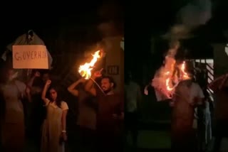 sfi protest against governor  Arif Muhammad Khan  sfi aginst governor Arif Muhammad Khan  sfi burnt the effigy of Arif Muhammad Khan  ഗവർണറുടെ നടപടിക്കെതിരെ പ്രതിഷേധം  ഗവർണർക്കെതിരെ പ്രതിഷേധം  ആരിഫ് മുഹമ്മദ് ഖാന്‍റെ കോലം കത്തിച്ച് എസ്എഫ്ഐ  ആരിഫ് മുഹമ്മദ് ഖാന്‍റെ കോലം കത്തിച്ചു  എസ്എഫ്ഐ എംജി സർവകലാശാല യൂണിറ്റ് കമ്മിറ്റി  എസ്എഫ്ഐ എംജി സർവകലാശാല  ഗവർണർ ആരിഫ് മുഹമ്മദ് ഖാന്‍  സര്‍വകലാശാല വൈസ് ചാൻസലർ