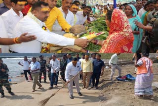 Health Minister Banna Gupta sweeps Chhath Ghat in Jamshedpur