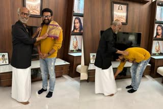 Rishab Shetty meets superstar Rajinikanth  രജനിയുടെ കാല്‍ തൊട്ട് ഋഷഭ്‌  രജനി  ഋഷഭ്‌  Rishab Shetty  Rajinikanth  Rishab Shetty meets Rajinikanth  രജനികാന്തിനെ സന്ദര്‍ശിച്ച് ഋഷഭ്‌ ഷെട്ടി  Kantara success celebration  Rishab Shetty about Rajanikanth  Rajinikanth praises Kantara  കാന്താരയെ പുകഴ്‌ത്തി രജനികാന്ത്  രജനിക്ക് നന്ദി പറഞ്ഞ് ഋഷഭ്‌