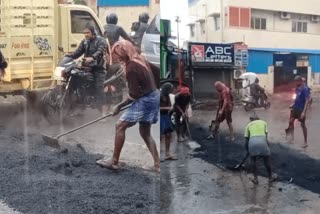 கொட்டும் மழையில் ரோடு போட்டு பணியை கடமைக்கென செய்த நெடுஞ்சாலை துறை