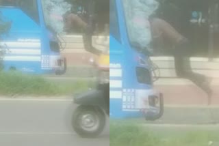 Youth Jumped in front of the running bus  Malappuram  Youth Jumped in front of the running bus  ഓടുന്ന ബസിനുമുന്‍പിലേക്ക് എടുത്തു ചാടി  ബസിനുമുന്‍പിലേക്ക് എടുത്തു ചാടി യുവാവ് മലപ്പുറം  മലപ്പുറം പെരിന്തൽമണ്ണ  കോഴിക്കോട് പാലക്കാട്  മലപ്പുറം