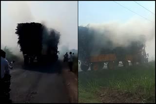 tractor-trolley-full-of-sugarcane-catches-fire-in-belagavi