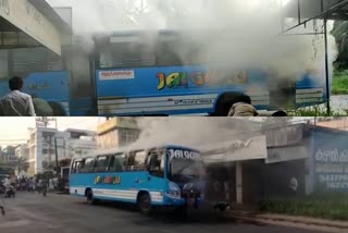 Bus caught fire in Thrissur  തൃശൂരില്‍ ഓടിക്കൊണ്ടിരിക്കുന്ന ബസിന് തീപിടിച്ചു  തൃശൂര്‍ കേച്ചേരി  തൃശൂര്‍ വാര്‍ത്തകള്‍  ബസിന് തീപിടിച്ചു  ഷോര്‍ട് സര്‍ക്യൂട്ട്  kerala news updates  latest news in Thrissur