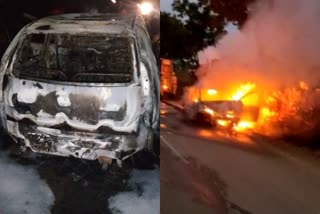 car catches fire in raichur