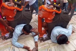 devotee stuck in middle of elephant statue