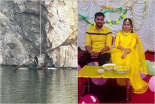 bride and groom fell in to Quarry kollam  kerala news  malayalam news  bride and groom were rescued  സെൽഫി എടുക്കുന്നതിനിടെ ക്വാറിയിൽ വീണു  വധു വരന്മാരെ രക്ഷപ്പെടുത്തി  വധു കാൽ വഴുതി പാറക്കുളത്തിൽ വീണു  കേരള വാർത്തകൾ  മലയാളം വാർത്തകൾ  കൊല്ലത്ത് വധുവരന്മാർ ക്വാറിയിൽ വീണു  fell into the quarry while taking a selfie  The bride slipped and fell into the quarry