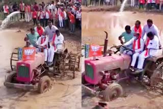 bandi sanjay plows crop field in Jagtial