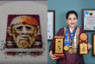 school teacher created the world record by making the smallest Saibaba Rangoli