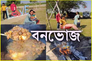 Picnic parties gathered at Janjimukh sandbank in Teok