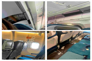 This photo combination of mobile images, courtesy of passenger Jazmin Bitanga, shows the interior of a Hawaiian Airlines plane flying from Phoenix to Honolulu after severe turbulence rocked the flight, Sunday, Dec. 18, 2022. (Courtesy of Jazmin Bitanga via AP)